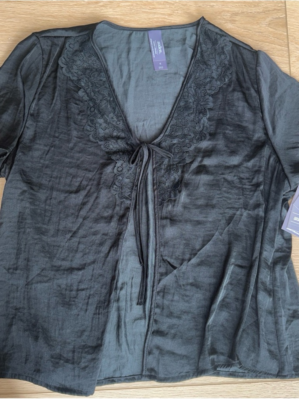 Auden Black Lace-Trim Tie-Front Sleep Top